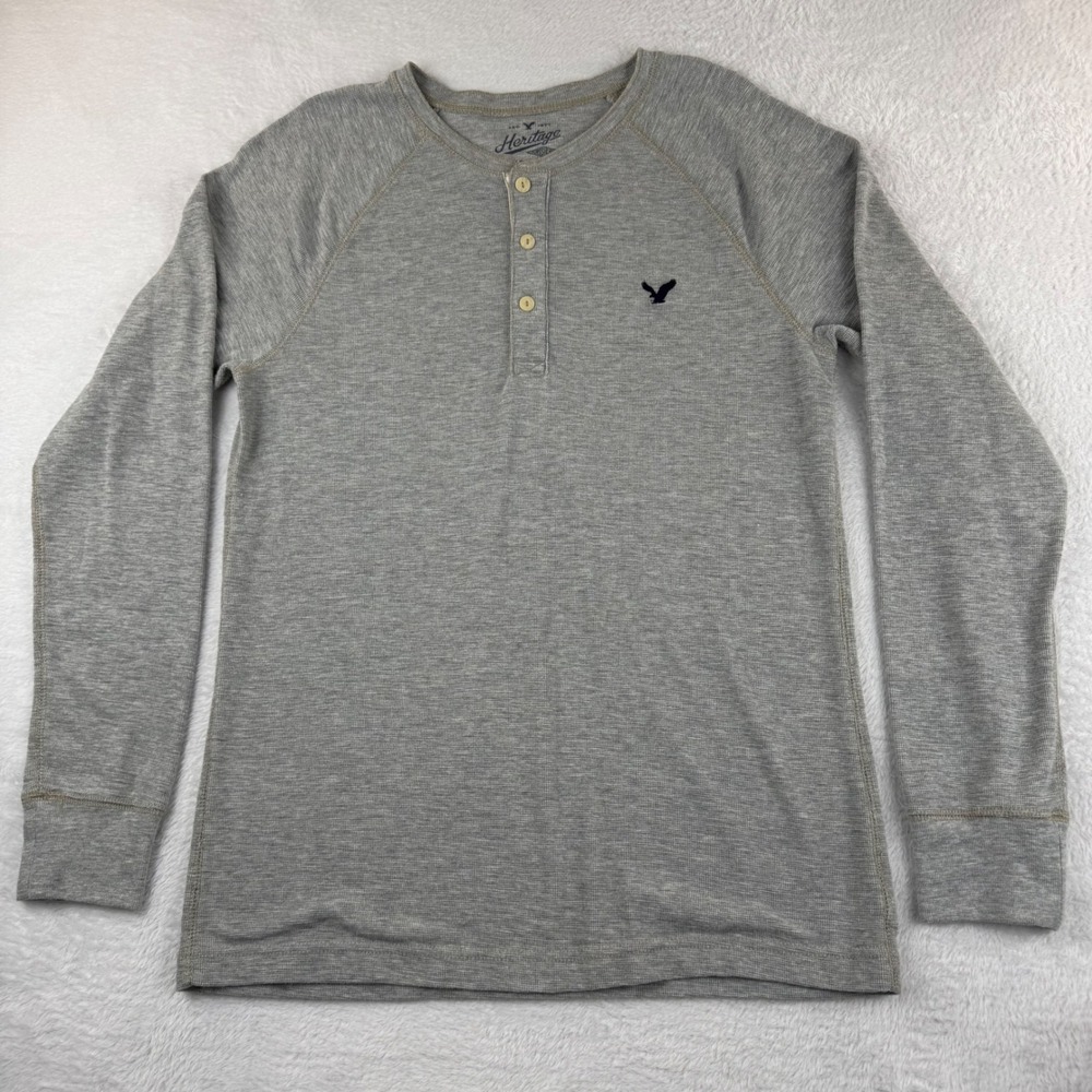 American‎ Eagle Henley Mens Large Grey Thermal Waffle Knit Raglan Heritage